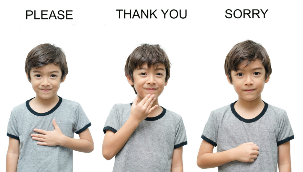 Boy Showing ASL signs for Please, Thank You, and Sorry. 
